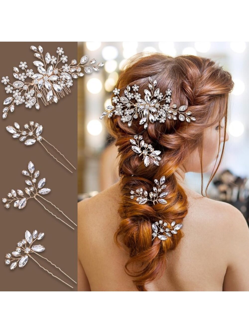 Women's Gold Rhinestone Copper Bridal Headpiece Floral SOLID Hair Clips